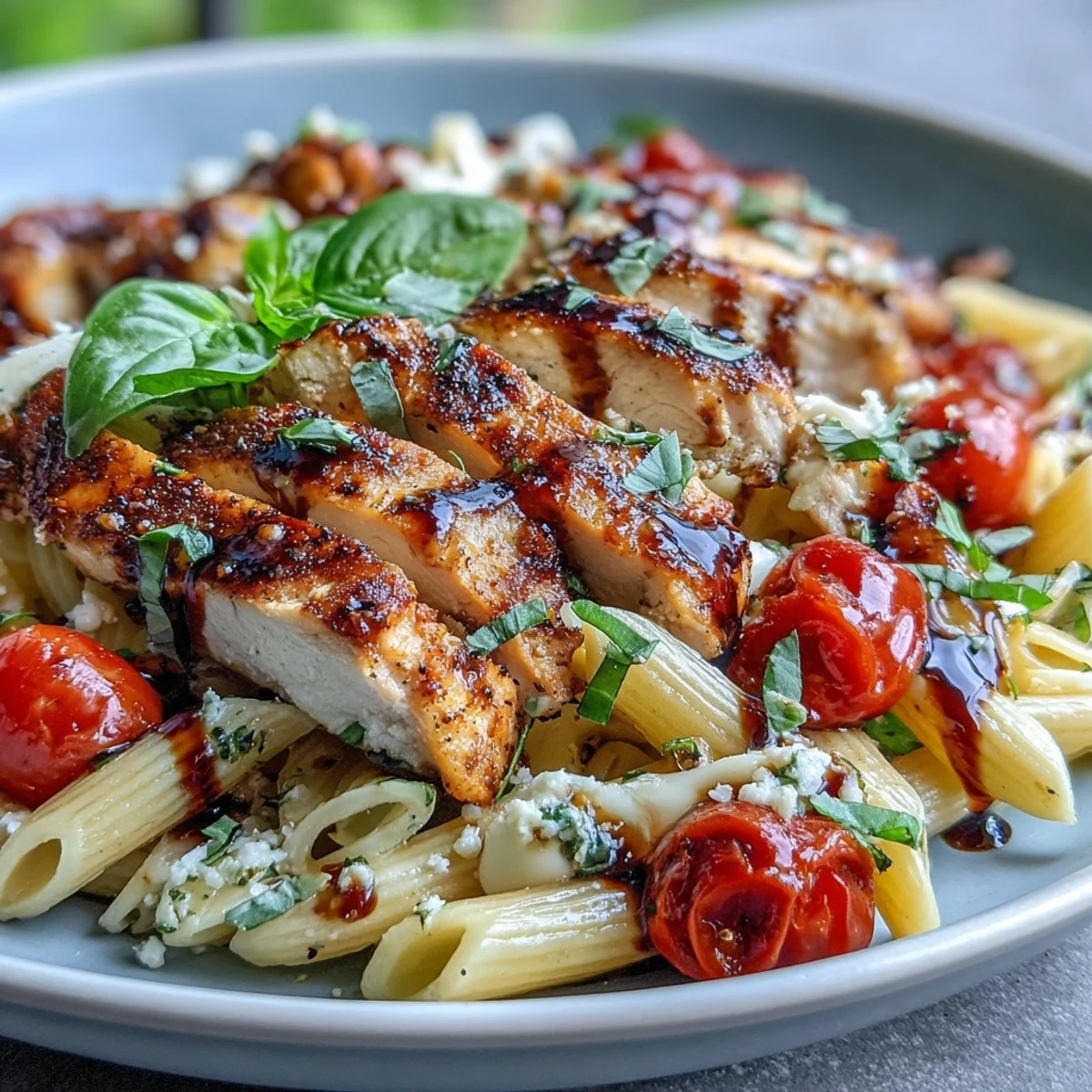 Fresh mozzarella melts and Parmesan garnishes this warm Bruschetta Chicken Pasta, served ready to enjoy in a rustic white bowl.