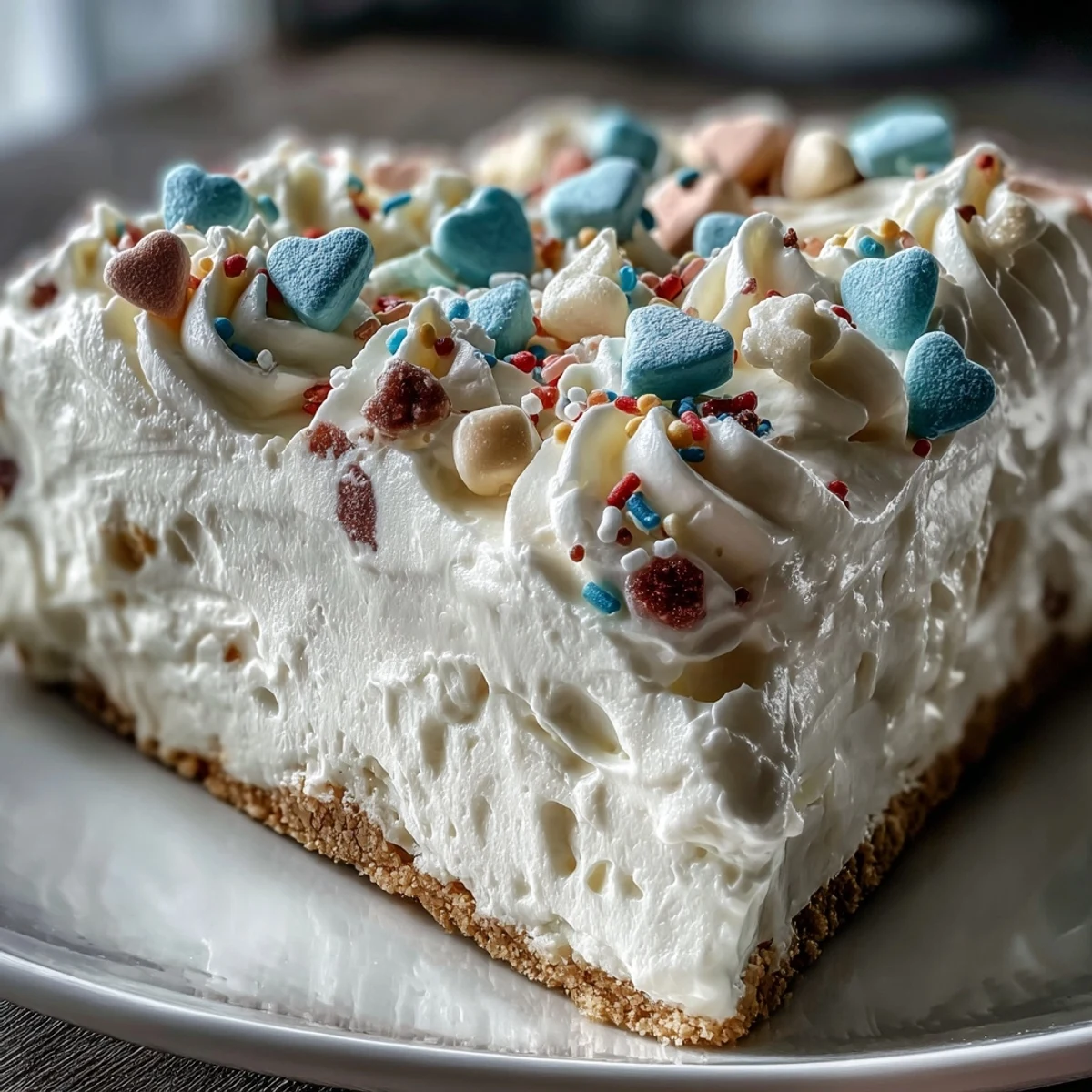 Homemade Candy Hearts Fake Cake with airy whipped topping, rainbow sprinkles, and sweet candy hearts for a festive look.