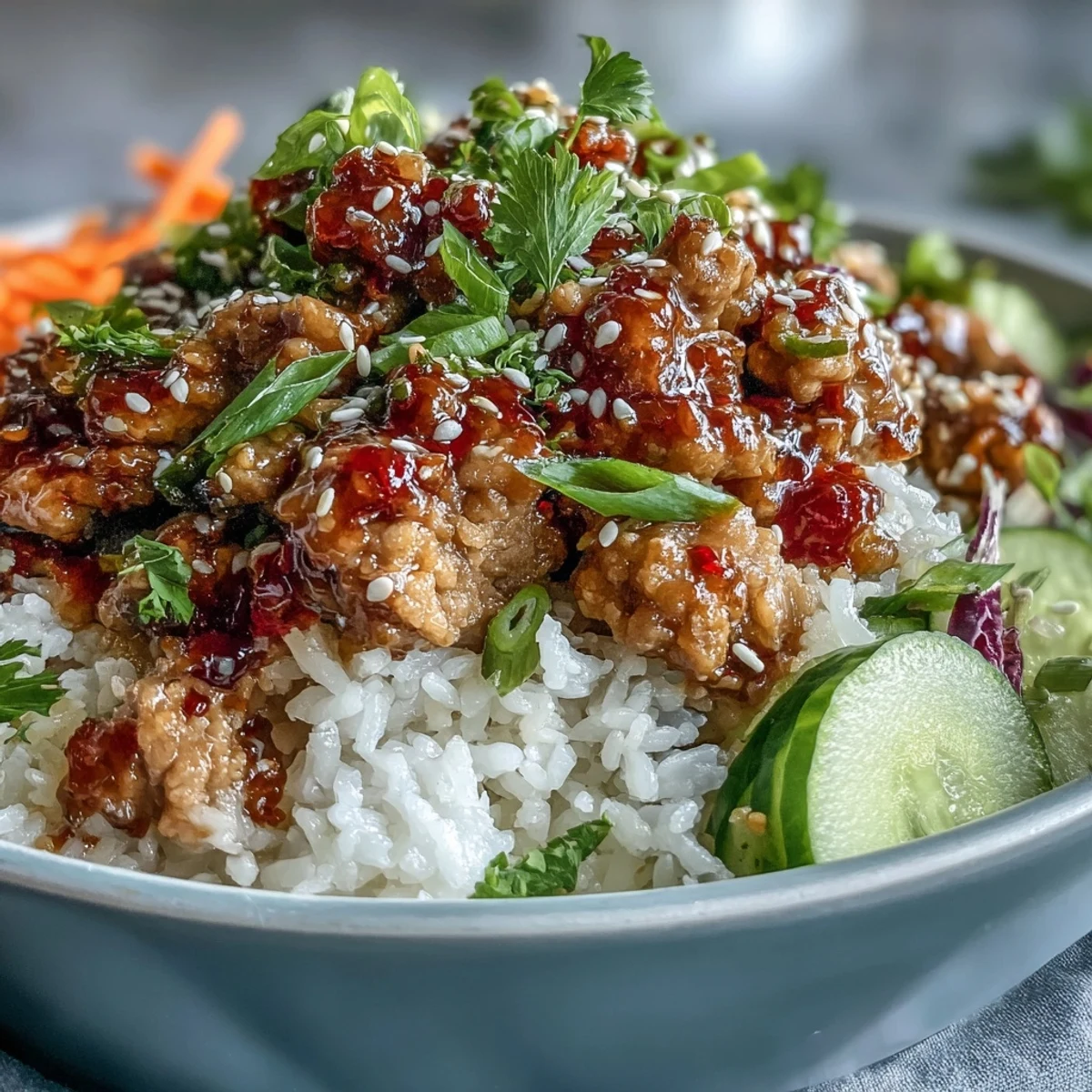 A close-up of Bang Bang Ground Turkey Rice Bowls with fluffy rice, crunchy carrots, and sesame seeds.