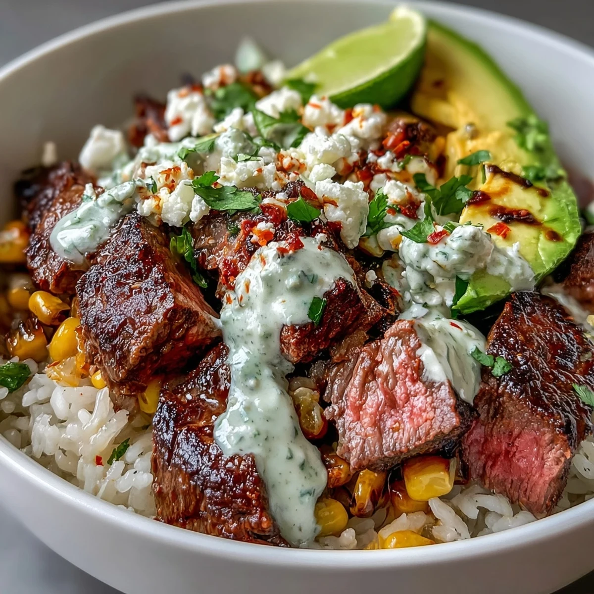 Juicy grilled steak slices and charred roasted corn fill this vibrant bowl, topped with creamy avocado and drizzled with zesty cilantro cream sauce for a hearty Tex-Mex dinner.