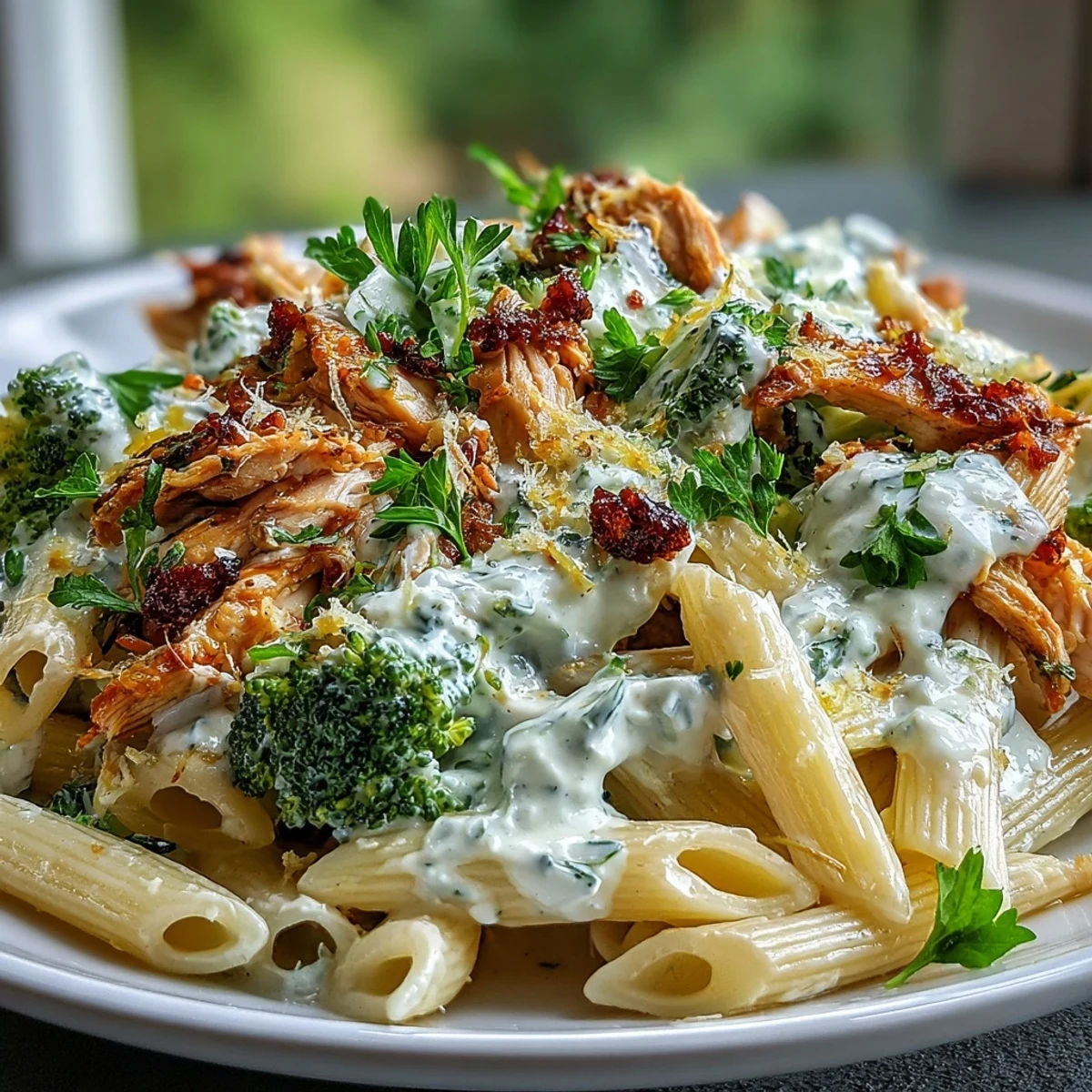 Savory High Protein Rotisserie Chicken Broccoli Pasta features creamy yogurt sauce, bright green broccoli, and golden Parmesan in a steamy bowl.