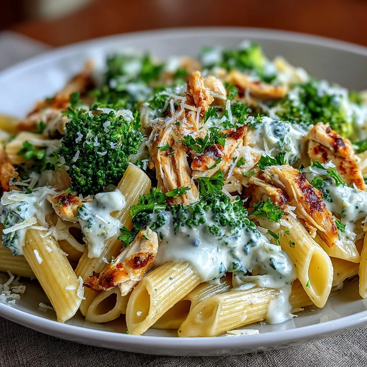 Tossed whole-wheat penne, tender rotisserie chicken, and garlicky Greek yogurt sauce, garnished with fresh parsley and extra Parmesan cheese.