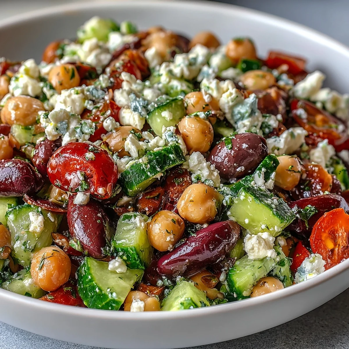 In a white ceramic bowl, the Greek Bean Salad with Lemon Marinated Beans showcases colorful tomatoes and fresh herbs.