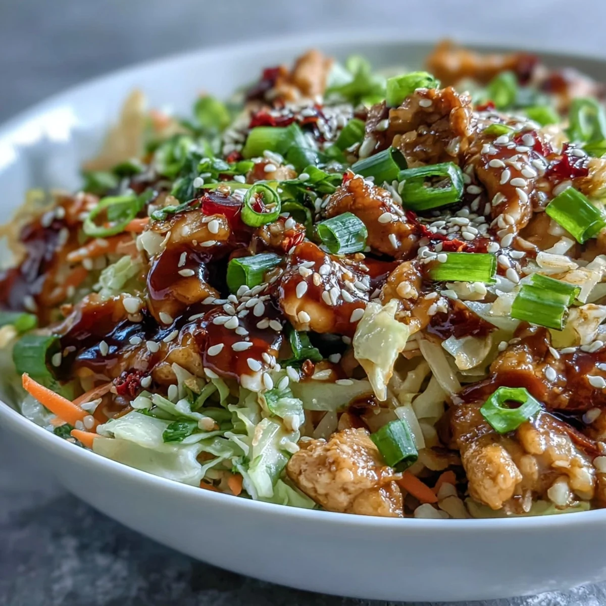 Tender chicken, crisp cabbage, and carrots glazed in soy-sesame fill a white bowl. This Egg Roll Bowls with Chicken and Cabbage is garnished with scallions and sesame seeds.