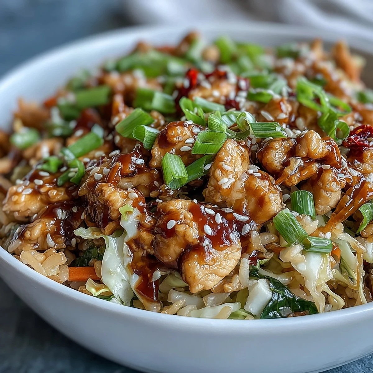Family-style Egg Roll Bowls with Chicken and Cabbage served beside fluffy white rice. The vibrant mix of crunchy cabbage and carrots shines with a glossy, tangy glaze.