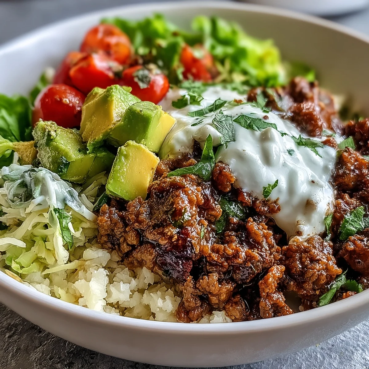 A close-up of a Low Carb Burrito Bowl featuring seasoned ground beef, fluffy cauliflower rice, crisp romaine, diced avocado, and cherry tomatoes.
