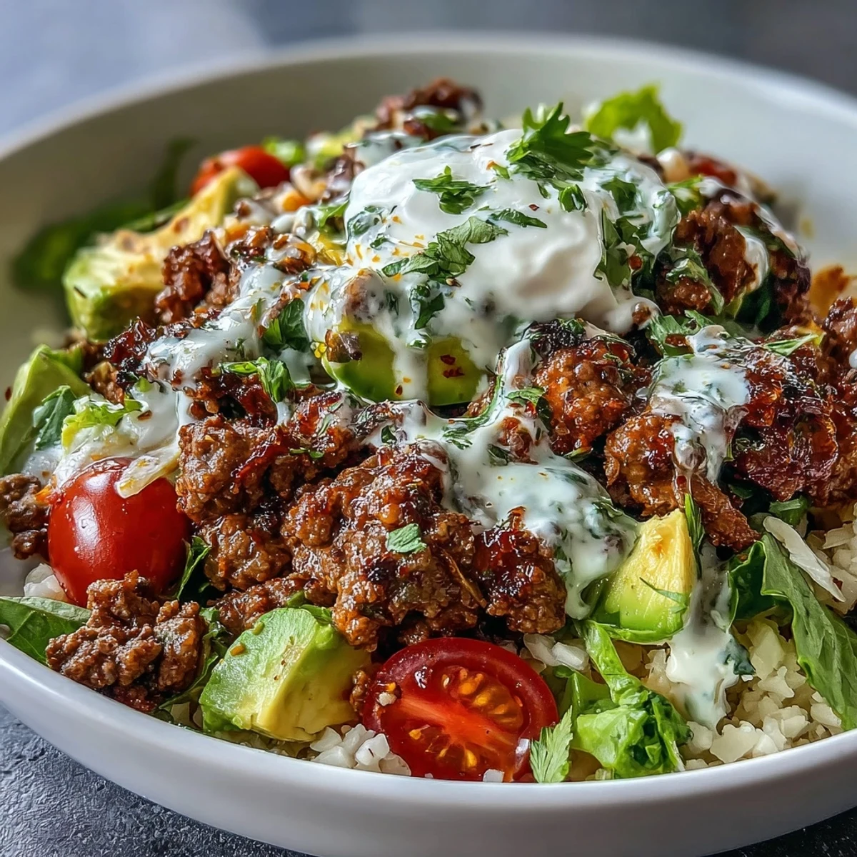 Easy Low Carb Burrito Bowl with sizzling ground beef, savory cauliflower rice, fresh veggies, and creamy avocado on a bed of lettuce.