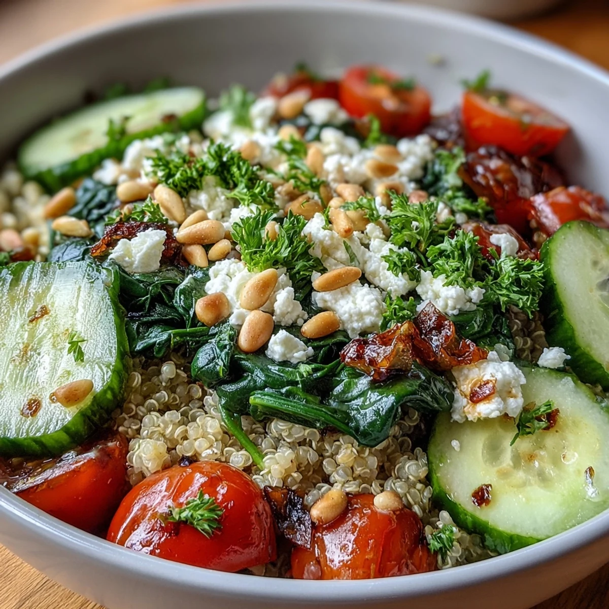 Crumbled feta and sautéed spinach top this hearty Mediterranean Spinach and Feta Grain Bowl with vibrant cherry tomatoes and cucumber.
