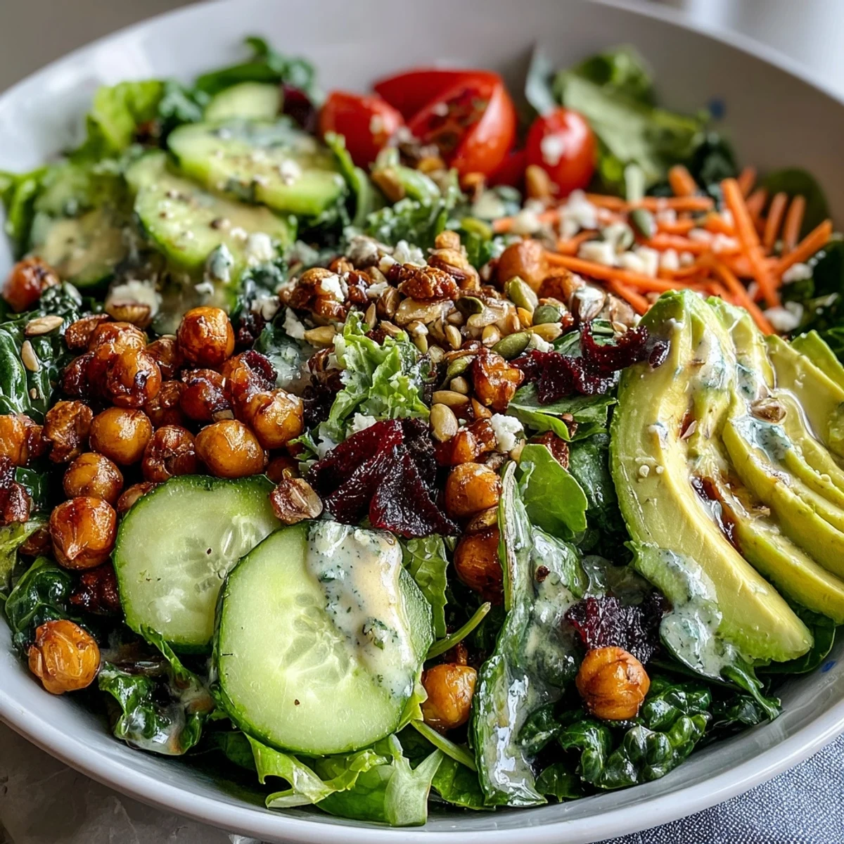 A vibrant Mixed Greens Power Bowl with chickpeas, crunchy nuts, and seeds, perfect for a quick vegan lunch.