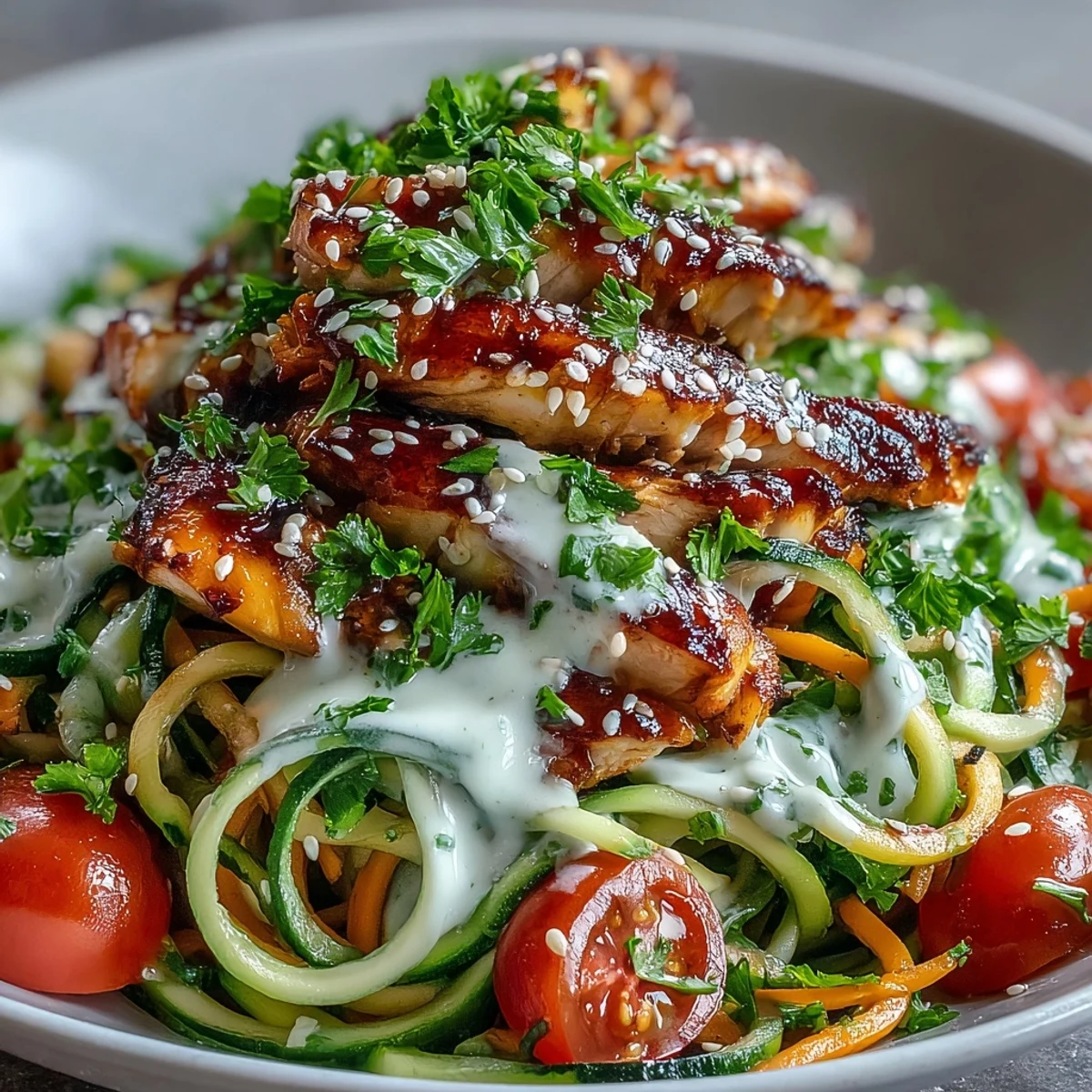 Vibrant Spiralized Vegetable Bowl features zucchini and sweet potato noodles topped with grilled chicken and creamy tahini sauce.
