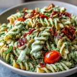 Perfectly blended Green Goddess Pasta Salad, studded with cherry tomatoes and cucumber.