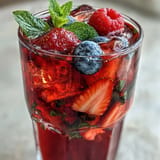 Refreshing iced hibiscus berry tea, bursting with colorful fruit and mint garnish.