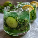 Sparkling Cucumber Mint Lemonade Mocktail: refreshing citrus, crisp mint, and bubbly water on ice.
