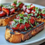 A bite of Strawberry Balsamic Bruschetta, grilled bread with fresh fruit and glaze.