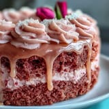 Decadent Rosé Velvet Cake, beautifully frosted and dripping with shimmering gold.