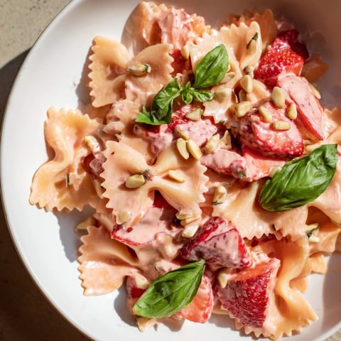 Vibrant pink Strawberry Sour Cream Pasta, garnished with fresh basil, ready to enjoy this summer.