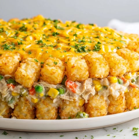 Golden, crispy tater tots crown this comforting Crispy Tater Tot Casserole, bubbling with cheese and flavorful chicken.
