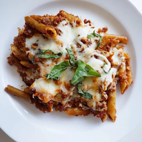 Golden, bubbly Baked Penne Arrabbiata, a fiery pasta bake, with melted cheese and fresh basil.
