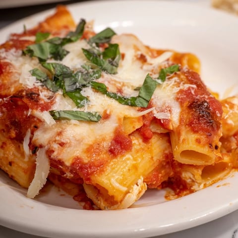 Golden, bubbly Four Cheese Baked Pasta, a cheesy Italian-American comfort food casserole.
