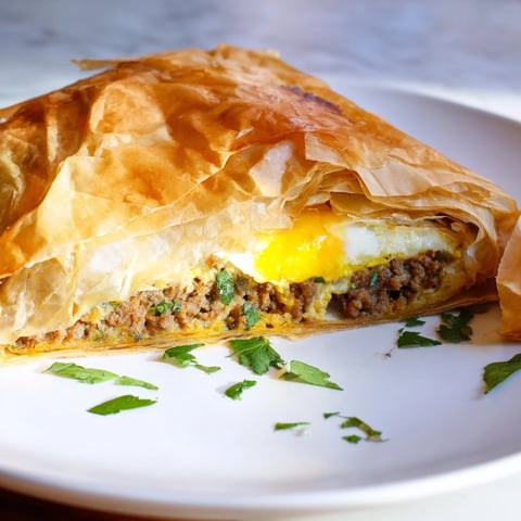 Golden, crisp Tunisian Brik Pastry, showcasing a perfectly fried egg and savory meat filling.