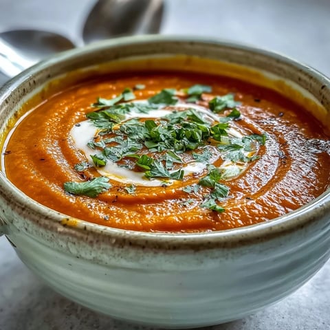 Silky Carrot Ginger Soup garnished with fresh herbs and a creamy swirl.