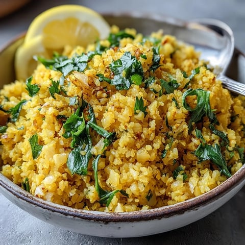 Golden turmeric cauliflower rice, vibrant fluffy grains ready to be served alongside your favorite dishes.