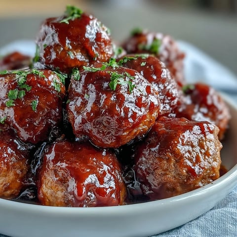 Slow Cooker Peach Glazed Meatballs glistening in sweet and tangy sauce, served hot from the slow cooker for a party appetizer.