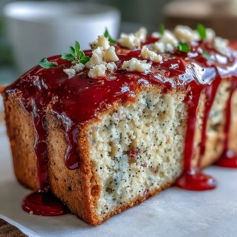 A freshly baked Blood Orange Loaf Cake with Poppy Seeds and Marzipan, glistening with a vibrant orange glaze.