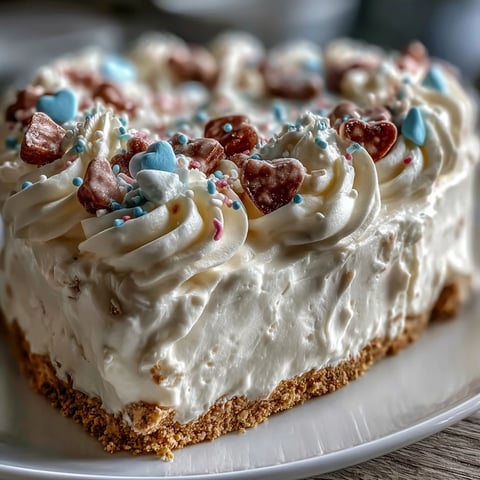 Creamy Candy Hearts Fake Cake on a buttery graham crust, crowned with pink whipped frosting and crunchy hearts.