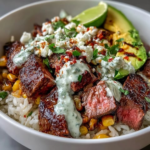 Juicy grilled steak slices and charred roasted corn fill this vibrant bowl, topped with creamy avocado and drizzled with zesty cilantro cream sauce for a hearty Tex-Mex dinner.