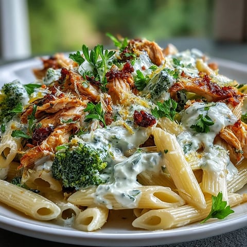 Savory High Protein Rotisserie Chicken Broccoli Pasta features creamy yogurt sauce, bright green broccoli, and golden Parmesan in a steamy bowl.