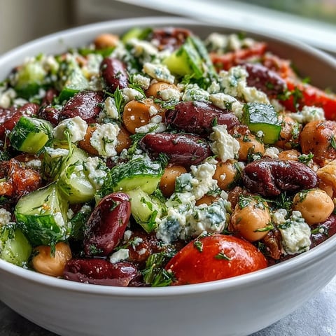 A vibrant bowl of Greek Bean Salad with Lemon Marinated Beans, featuring creamy feta, crisp cucumber, and briny Kalamata olives.
