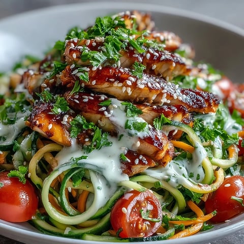 Vibrant Spiralized Vegetable Bowl features zucchini and sweet potato noodles topped with grilled chicken and creamy tahini sauce.