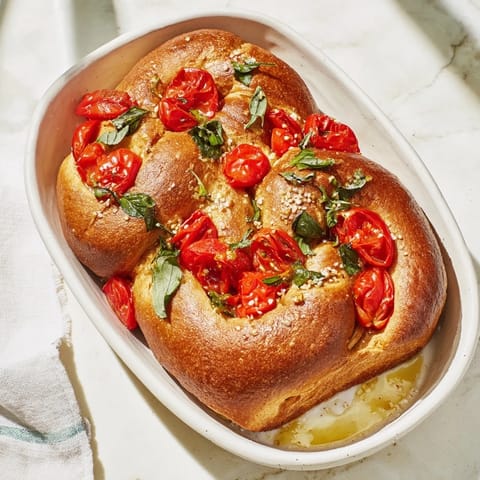 Golden-baked Simple Homemade Tomato and Basil Flatbread, a delicious vegetarian appetizer, ready to serve.