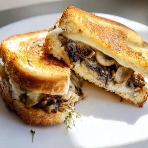 Golden-brown, bubbly creaminess of a creamy mushroom grilled cheese, hot and ready to serve.