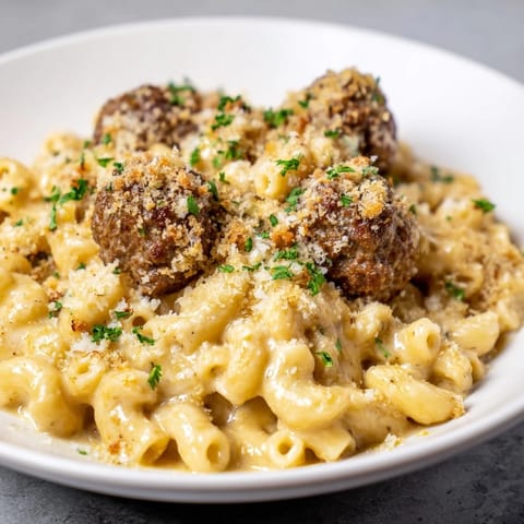Mac Cheese Meatball Bake