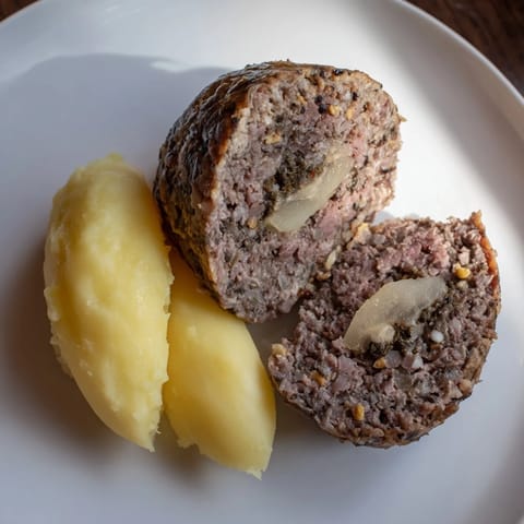A close-up of a rustic plate of Scottish haggis, revealing its textures alongside turnips and potatoes.