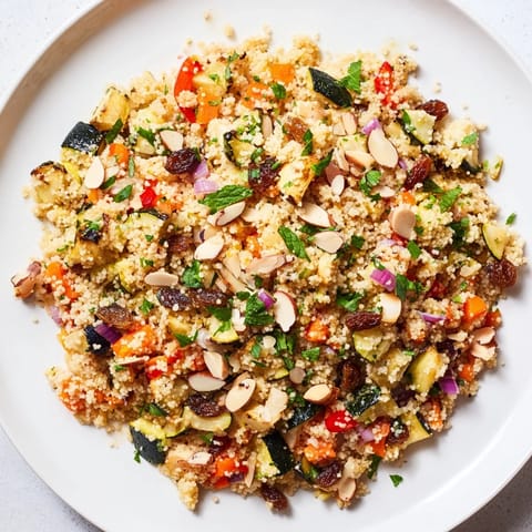 A bright bowl of Moroccan couscous salad, full of vibrant colors and textures, ready to enjoy.