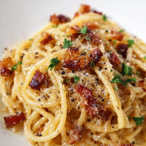 Hearty Crispy Bacon Linguine twirled on a fork, showcasing a silky, glossy sauce without cream.  