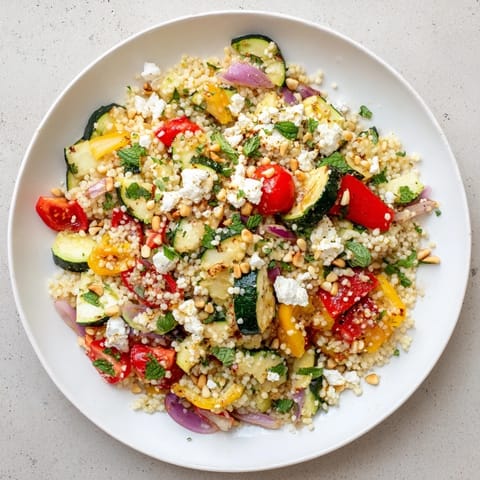 A serving of Roasted Veggie Couscous Salad topped with feta, fresh herbs, and toasted pine nuts.