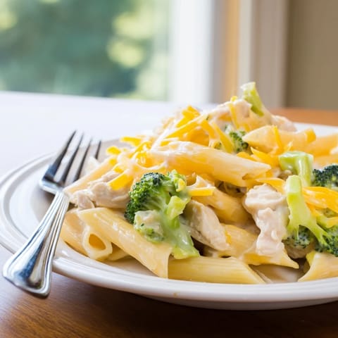 Steaming bowl of Chicken Broccoli Cheddar Pasta with al dente penne, golden chicken pieces, and fresh broccoli florets coated in cheesy sauce.  