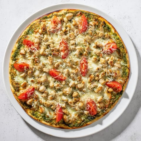 Golden-brown Chicken Pesto Pizza with fragrant basil pesto, tender chicken, and bubbling cheese, served on a rustic wooden cutting board.  