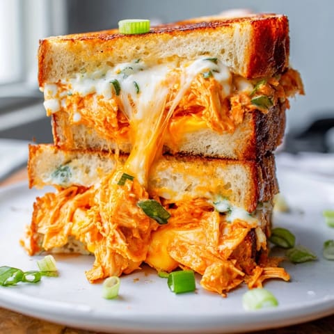 A close-up of a grilled Buffalo Chicken Ranch Grilled Cheese with creamy ranch dressing and mozzarella oozing from the buttery crust.