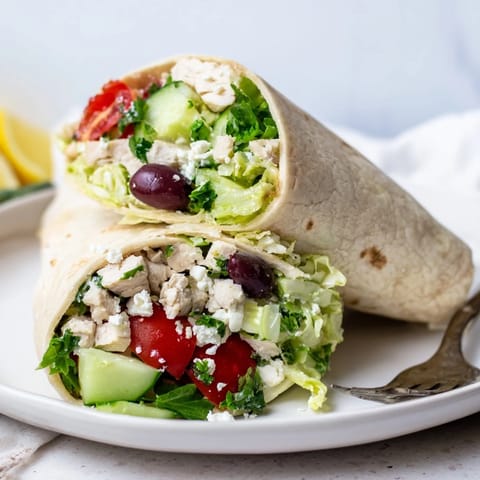 Greek Lemon Chicken Salad Wrap sliced in half on a rustic table, showcasing colorful Greek salad and tender chicken.