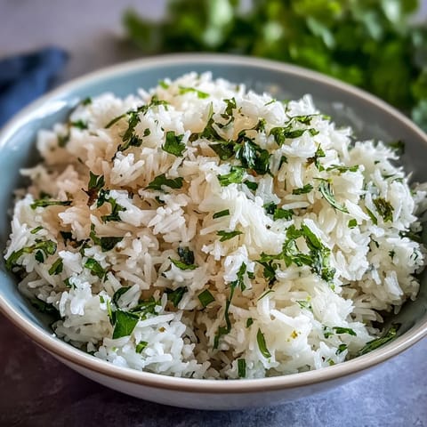 A fluffy bowl of Cilantro Lime Rice, garnished with fresh chopped cilantro and a wedge of lime beside it.