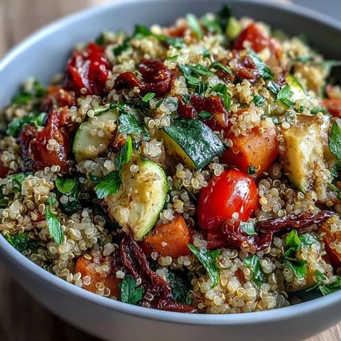 Hearty Quinoa Vegetable Pilaf served warm from the skillet, topped with parsley and lemon zest.