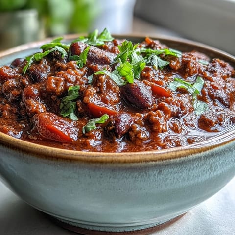 Slow Cooker Chili in a white bowl with melted cheddar, sour cream, and green onions, a spoon ready to serve.