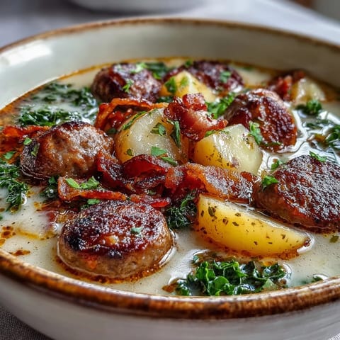 A hearty pot of Italian Sausage Soup simmering with savory sausage and russet potatoes, filling the kitchen with aromatic herbs.