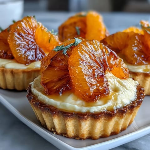 Golden-baked tart shells filled with creamy vanilla custard topped with vibrant blood orange segments.
