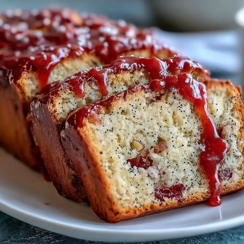 Thick slices of Blood Orange Loaf Cake with Poppy Seeds and Marzipan served with tea on a linen napkin.